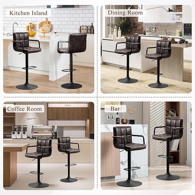 Furniliving Bar Stools Set of 2 with Backrest, Modern Square PU Leather Chairs with Armrest Adjustable Kitchen Counter Barstools for Kitchen Dining Pub Cafe (Blackbrown)
