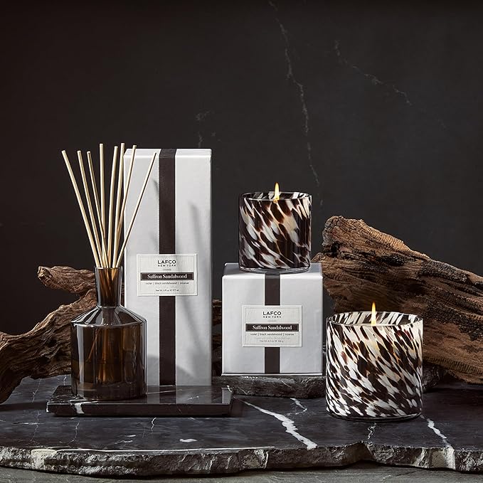 LAFCO New York Fall Classic Reed Diffuser, Saffron Sandalwood - 6 oz - Up to 3 Months Fragrance Life - Reusable, Hand Blown Glass Vessel - Natural Wood Reeds - Made in The USA