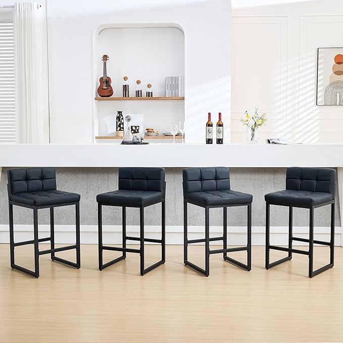 Bar Stools Set of 4, PU Leather Counter Height Barstools with Low Back and Thickened Metal Legs, 26 Inch Modern Island Chairs for Kitchen Island, Bar, Counter (Black, 4Pcs 26" Bar Stools)