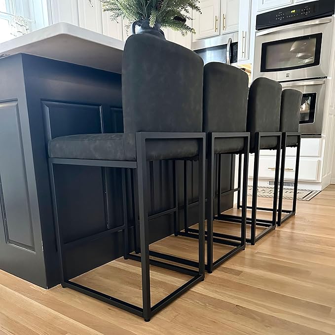 PHI VILLA Bar Stools - Counter Height Bar Stool Leather Kitchen Counter Barstools, Black Bar Stools with Back