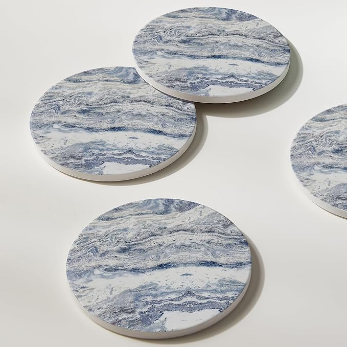 Set of 6 Navy Abstract Onyx Marble Coasters with Holder, Absorbent Ceramic Coasters for Drinks, Coasters with Cork Backing for Table Protection, Coffee Table Decor