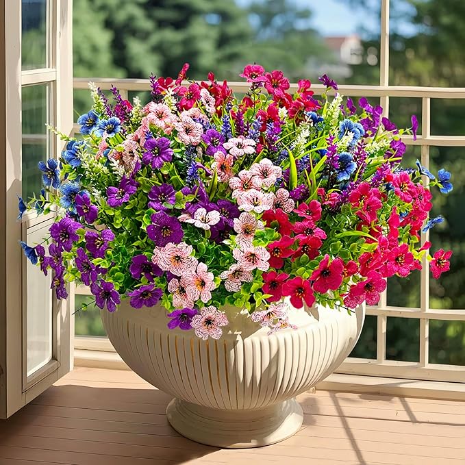 20 Bundles Artificial Flowers for Outdoors Decoration Fake Silk Flowers UV Resistant Faux Plants Artificial Daisy Eucalyptus for Spring Summer Garden Yard Porch Window Home Decor, Mixed