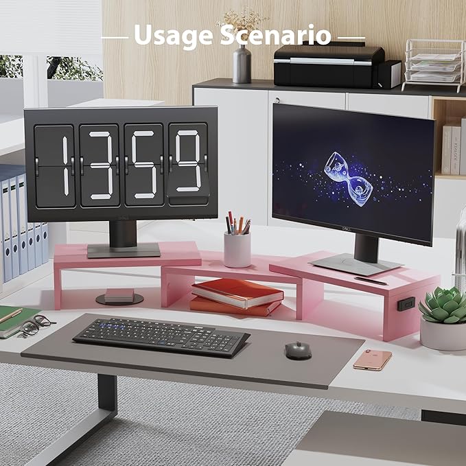BONTEC Dual Monitor Stand for Desk, Adjustable Length and Angle Monitor Stand Riser with Smartphone Holder, Desk Shelf for Top of Desk, Computer Monitor Stand with Storage, Office Desk Organizer, Pink