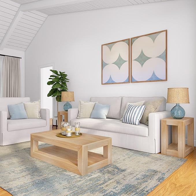 Plank+Beam 40" Modern Rectangular Coffee Table with Shelf, Solid Wood Center Table with Storage, 2 Tier Tea Table for Living Room, Blonde Wirebrush