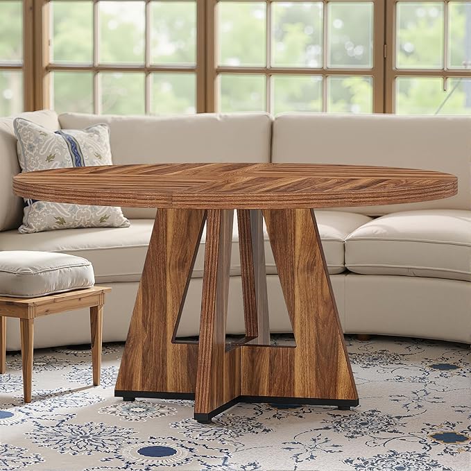 NicBex 47 Inch Round Dining Table, Wooden Dinner Table for 4, Small Farmhouse Kitchen Tables with Cross Base for Dining Room, Kitchen, Living Room, Dark Brown