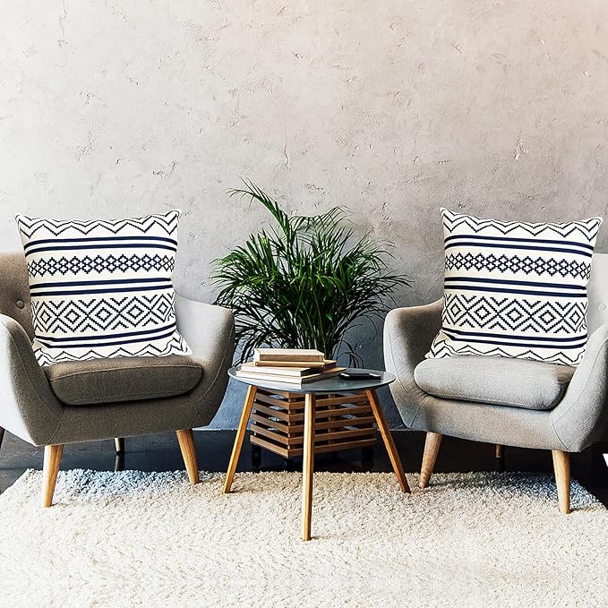 Decorative Throw Pillow Covers Set of 2 Blue Boho Pillow Covers 22x22 Inch Throw Pillow Cover Linen Pillowcase Modern Farmhouse Outdoor Pillow Covers for Couch Sofa Bed Living Room