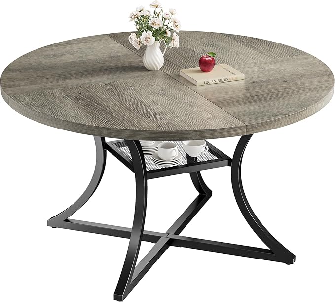 IRONCK 47.2" Round Dining Table for 4, Wood Kitchen Table with Storage Shelf for Dining Room, Dinner Table with Wooden Tabletop and Metal Base, Gray
