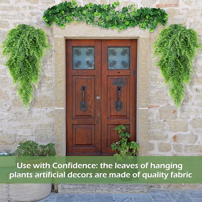 Hoteam 12 Pcs Artificial Hanging Plants 32 Inch Fake Ivy Vines with Fake Leaves Patio Artificial Plants Greenery for Living Room Indoor Outdoor Wall, No Basket (Eucalyptus,Persian Grass)