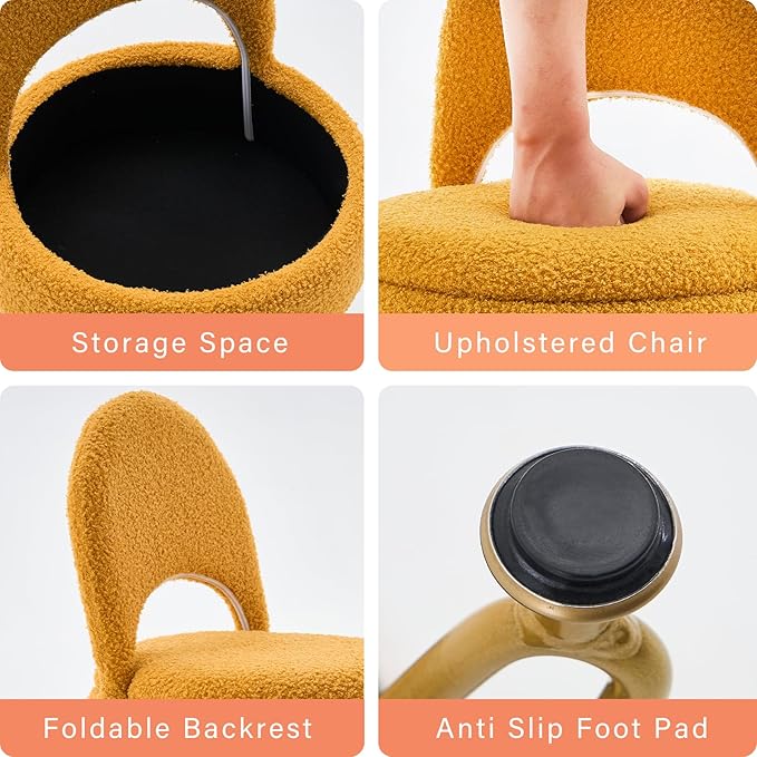 Storage Ottoman Vanity Stool Chair with Folding Back Teddy Velvet Makeup Chair Multifunctional Upholstered Footstool,4 Metal Legs with Anti-Slip Feet for Bedroom Living Room Entryway