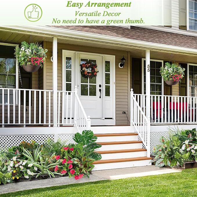 19PCS Artificial Plants Outdoor UV Resistant Faux Greenery Stems & Flowers Realistic Fake Shrubs Bushes for Patio Garden Front Porch Yard Decor