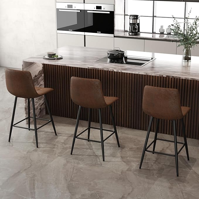 Counter Height Bar Stools Set of 4,Modern Techno-Fabric Barstools, 24.4 inch Seat Height Island Stools,Comfortable Brown Bar Chairs with Metal Legs
