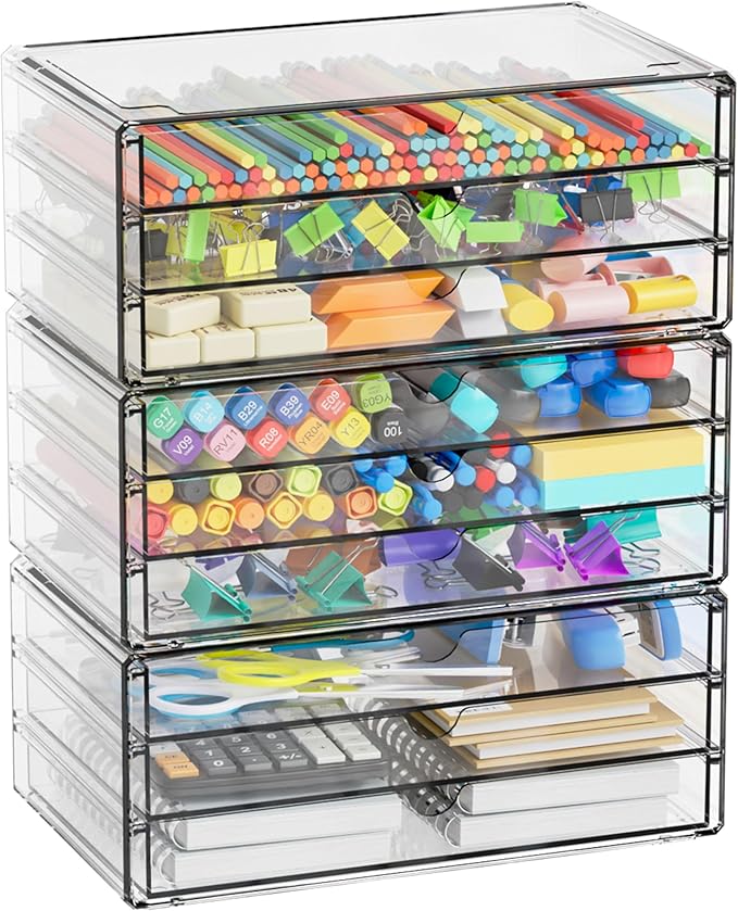 Yieach 11.1 Inch Long Clear Drawer Organizers Stackable,3 Pack Small Acrylic Drawers,School,Office Supplies Organizer And Storage Bins for Stationery,Marker,Pen,Pencil,Craft Desktop Storage Drawers