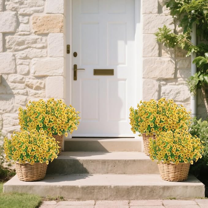 12 Bundles Artificial Flowers Plants for Outdoor Indoor Summer Home Decor, Faux Flower Daisy with Eucalyptus Leaves Fake Plants, UV Resistant Artificial Flowers for Garden Porch Patio Decor Yellow