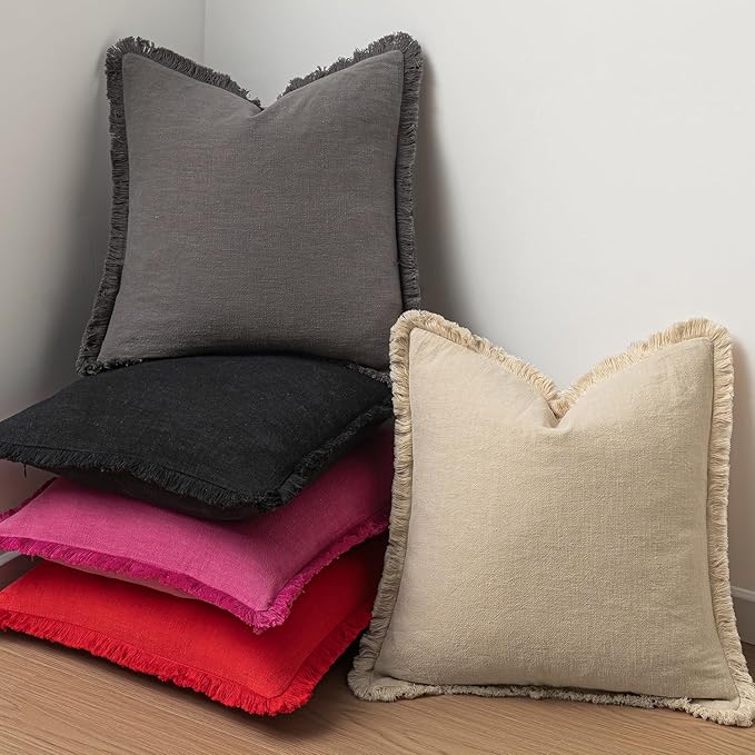 MIULEE Decorative Throw Pillow Covers Neutral Linen Fringe Throw Pillows Set of 2 Hot Pink Boho Farmhouse Cushion Covers with Tassels for Couch Sofa Bed Living Room Spring Home Decor 20x20 Inch