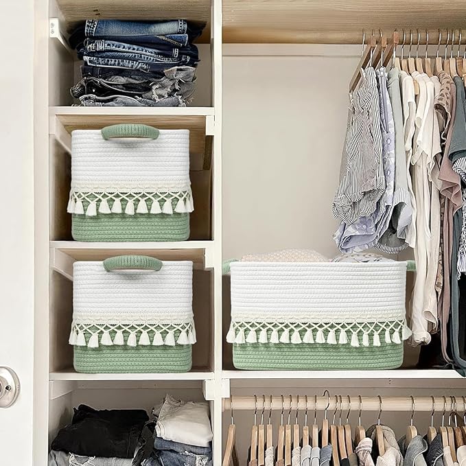 3 Pack Storage Basket for Shelves, Boho Cotton Rope Storage Bins with Heavy Tassel, Shelf Baskets Large Woven Baskets for Organizing, Cube Organizer Bins, Baby Laundry Basket for Clothes, Toys, Pets