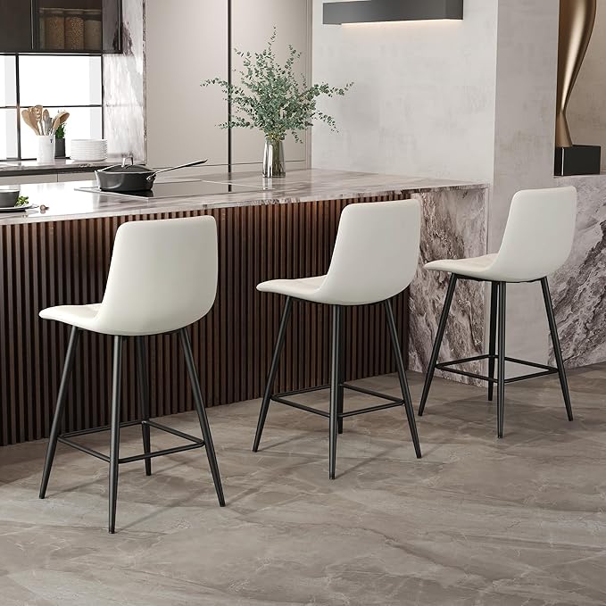 Bar Stools Set of 4,White Faux Leather Counter Height Bar Stools,24.6" Bar Chairs with Back Metal Footrest,Modern Counter Stool with Back and Footrest for Kitchen Island Restaurants Pubs