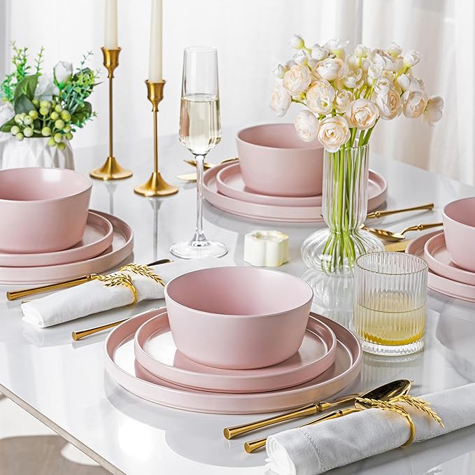 AmorArc Ceramic Dinner Plates Set of 6,10.0 Inch Matte Stoneware Plates for Kitchen,Modern Flat Dinnerware Dishes Set,Microwave& Dishwasher Safe, Scratch Resistant, Matte Pink