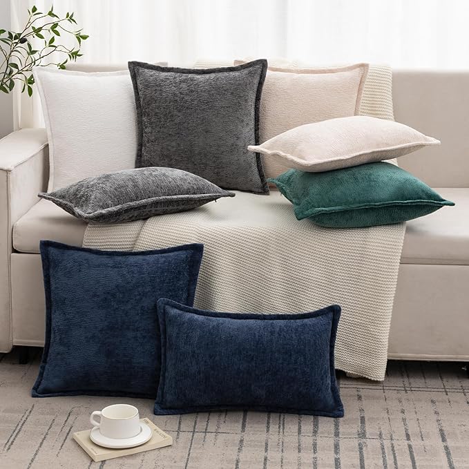 Navy Blue Decorative Throw Pillow Covers 22x22 Inch Set of 2 Cozy Soild Chenille Cushion Cases Soft Textured Square Couch Pillows Cover Boho Accent Farmhouse Pillowcases for Sofa Bed