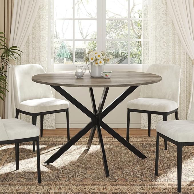 Unovivy 47" Round Dining Table for 4-6, Space Saving Circle Kitchen Dinner Table, Industrial Mid Century Modern Dining Room Desk for Kitchen, Apartment, Light Ivory