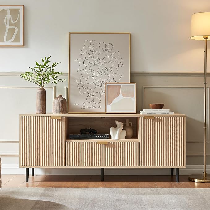 Okvnbjk Modern TV Stand for 65 Inch TV, TV Consoles for Living Room, Media Console with Soft Hinge & Drawer, Wood Fluted Entertainment Center with Storage, Oak