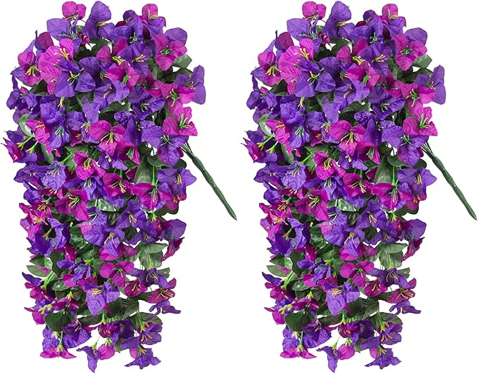 2 pcs Artificial Faux Bougainvillea Flowers Plants for Outdoor Outside Summer Decoration, Fake Silk UV Resistant Long Trailing Vines for Front Door Porch Planter Balcony, Deep Purple Deep Lotus