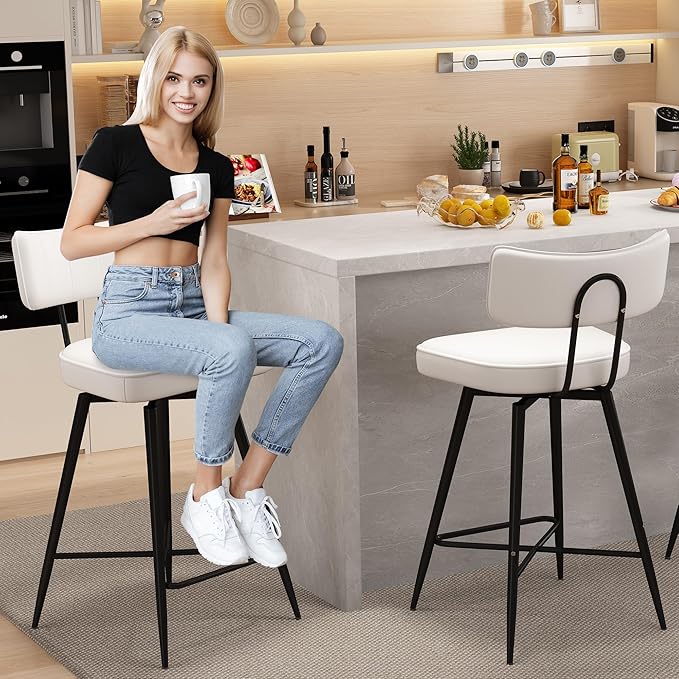 Swivel Counter Height Bar Stools Set of 2, 26" Leather Swivel Bar Stools with Backs, Metal Legs, Modern Stools for Kitchen Counter, White