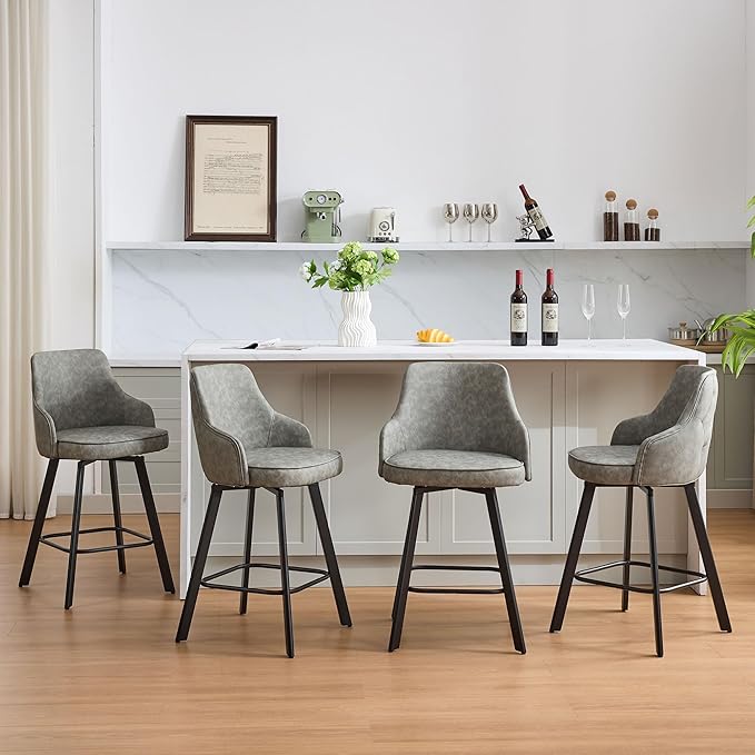 Bar Stools Set of 4, 26" Swivel Counter Height Bar stools with High Back, Faux Leather Kitchen Barstools Counter Height for Kitchen Island (Light Grey, 4PCS 26" Counter Stools)