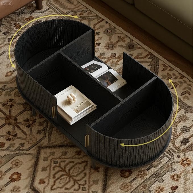 Modern Coffee Table with Storage, 47.2" Oval Fluted Coffee Table with Sliding Doors, Minimalist Tea Table with Wood Grain Veneer, Mid Century Center Tables for Living Room, Apartment, Black
