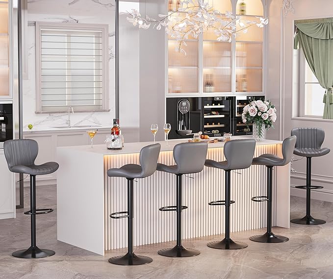 SUNLEI Swivel Swivel Bar Stools Set, Barstools Counter Height with Shell Shaped Backrest, Adjustable Moder Stools Pu Leather Bar Stool for Kitchen Counter, Island, Bars, Dining Room(Gray, Set of 6)