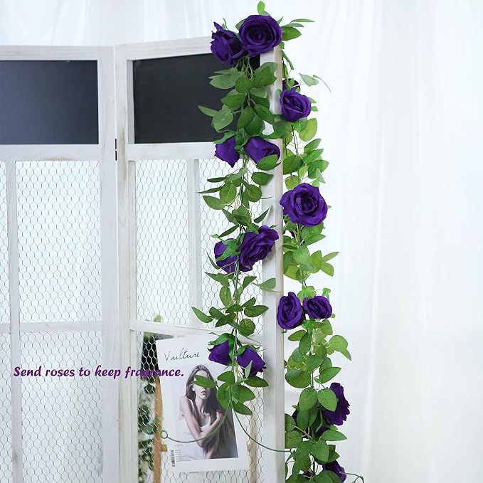 Felice Arts 2 Pack Dark Purple Artificial Floral Garland Each 6.5FT Fake Rose Vine Hanging Rose Garland for Wedding Flowers Table Centerpiece Arrangement Room Baby Shower Teepee Mirror Decor