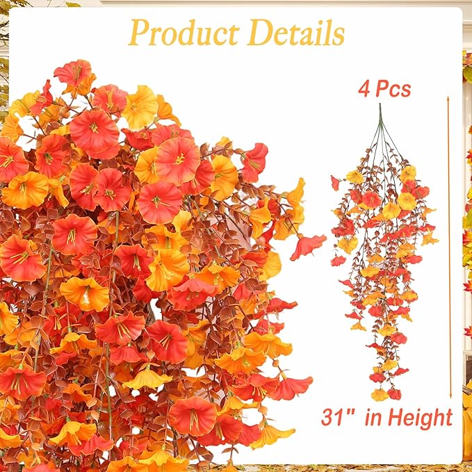 Fake Mums Morning Glory Hanging Flowers, 4 pcs Fall Faux Flowers for Outdoor Planters, Fake Mums for Yard Patio Lawn Garden, Real Touch Fake Flowers Fall Porch Decor, Autumn Floral Decor
