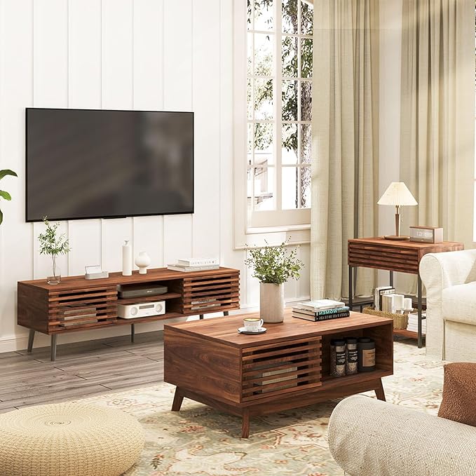 HAIOOU Lift Top Coffee Table, Mid Century Modern Coffee Table with Storage for Living Room, Walnut Coffee Tables with Sliding Fence Door, 35.4'' Rectangular Fluted Center Table (Brown)