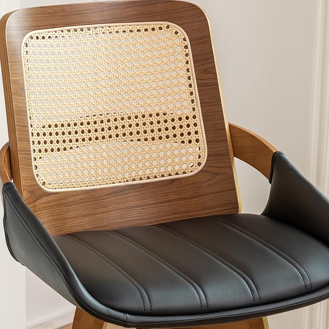 Mid Century Modern Counter Stools - 29.5 inch Swivel Rattan bar stools with Cane Back, Upholstered Faux Leather, Walnut Craftsmanship (Walnut Black, Set of 3/30 inch)