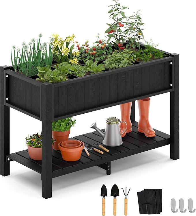 LUE BONA Elevated Planter Box with Legs and Shelf, 47 * 21 * 30in, 8 DIY Pocket HDPS Raised Garden Bed with Tools, 3-Year Warranty, No Crack, Large Outdoor Herb Raised Beds for Gardening Vegetables