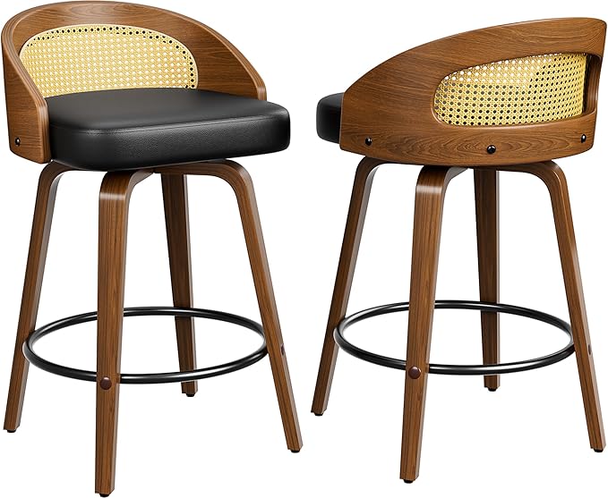 Swivel Bar Stools Set of 2, 26" Upholstered Faux Leather Barstools with Bentwood Legs, Mid Century Modern Counter Height Bar Stools with Rattan Back for Kitchen Island, Dining Room, Black