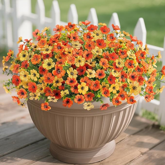 Fall Mums Artificial Flowers for Outdoors Potted, 12 Bundles Fake Fall Daisy Flower with Realistic Eucalyptus Leaves, Fake Plants for Greenery Boxwood Porch Patio Garden Pot Lawn(Yellow Orange)
