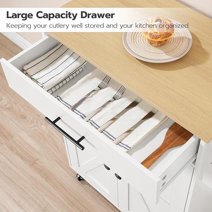 HOOBRO Kitchen Island with Power Outlet, Kitchen Storage Island with Large Worktop, Spice Rack and Drawer, Rolling Island on Wheels, for Dining Room, White and Natural