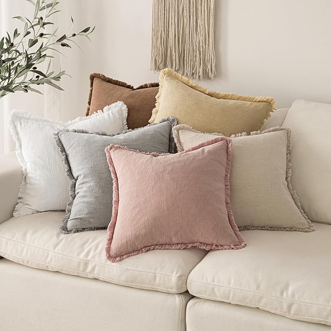 MIULEE Christmas Decorative Throw Pillow Covers Neutral Linen Fringe Throw Pillows Euro Shams Set of 2 White Boho Farmhouse Cushion Covers for Couch Sofa Bed Living Room Spring Home Decor 22x22 Inch
