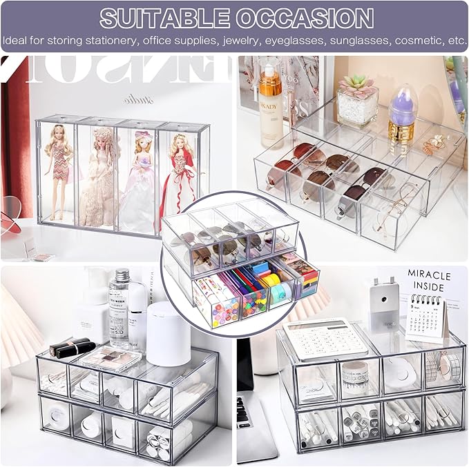 Desk Organizer with 8 Drawers, FODIENS 2 Packs Stackable Desktop Storage Box with Removable Drawer, Clear Sunglasses Organizer Display Case for Stationery Marker Pens Eyeglasses Office Supply