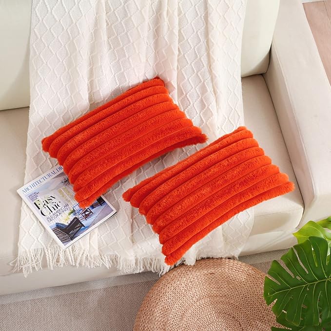 FUTEI Burnt Orange Striped Decorative Throw Pillow Covers 12x20 Inch Set of 2,Rectangle Fall Decorations Couch Lumbar Pillowcase,Soft Cozy Faux Rabbit Fur & Velvet Back,Modern Home Decor for Bed