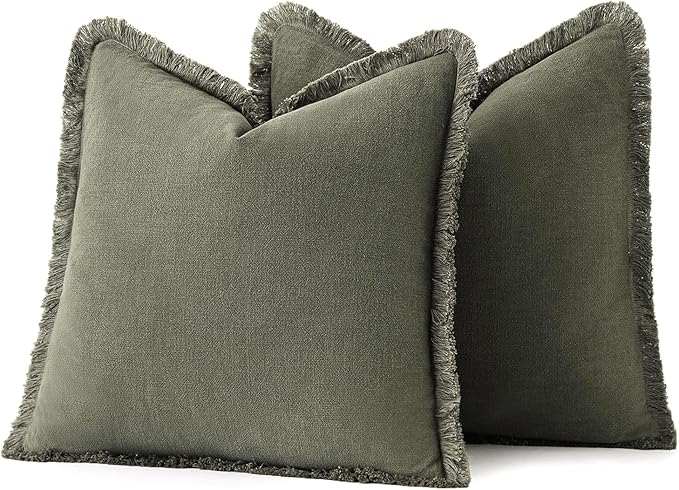MIULEE Decorative Throw Pillow Covers Neutral Linen Fringe Throw Pillows Euro Shams Set of 2 Olive Green Boho Farmhouse Cushion Covers for Couch Sofa Bed Living Room Spring Home Decor 24x24 Inch