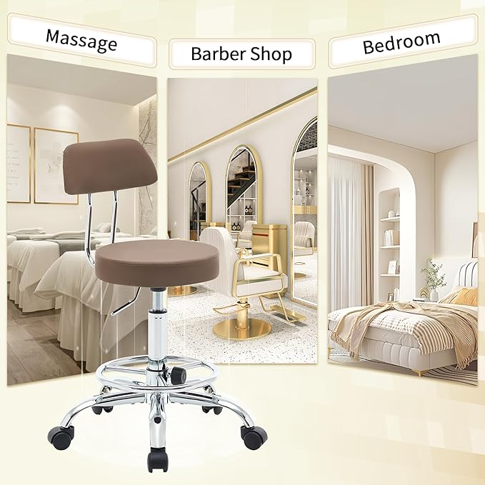 Salon Rolling Chair, Adjustable Stool with Footrest and Back 19.5"-26.6",Coffee Brown Massage Stools with Wheels (Coffee Brown)