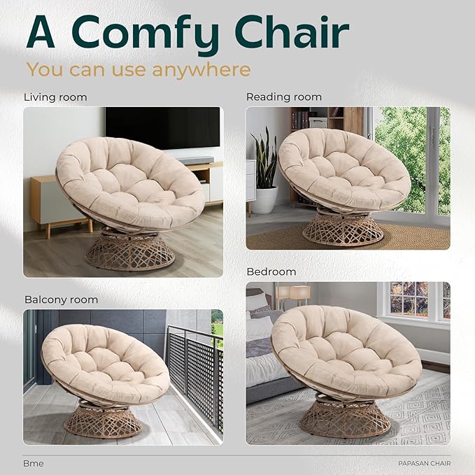 Bme 46" Large Size Ergonomic Wicker Papasan Chair with Soft Thick Density Fabric Cushion, Bee-Designed Base, High Capacity Steel Frame, 360 Degree Swivel for Living, Bedroom,...