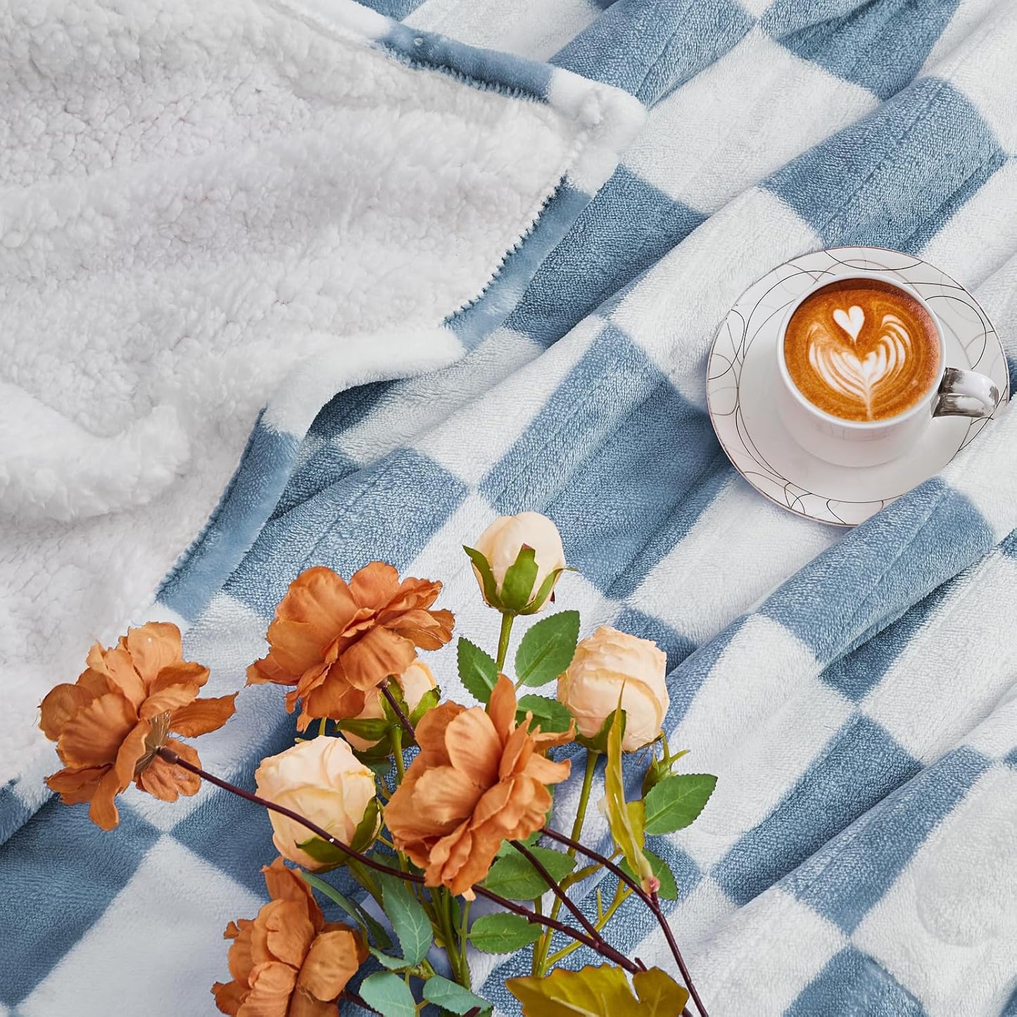 Heated Electric Blanket Twin Size, 62X84 Heating Blanket with 10 Heat Level & 8 Hours Auto Off, Misty Blue Checkered Plaid Soft Fleece Sherpa Blankets Warmer Gifts for Couch Grandma Women Adults, ETL