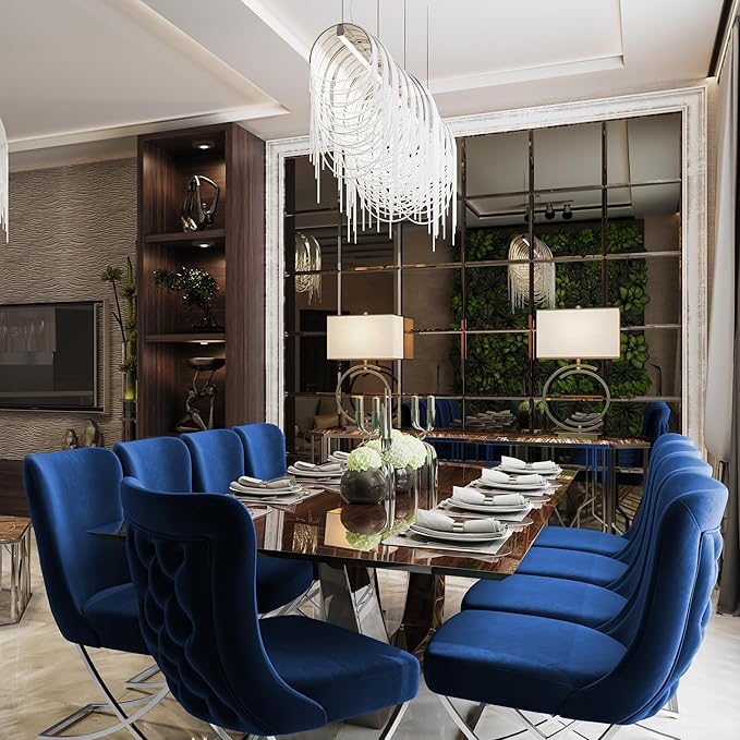 Ottomanson Royal Dining Chairs Set of 6 – Upholstered Tufted Microfiber, Assembled, Silver Metal Legs, Beech Wood Frame, 350 lb Capacity, Blue