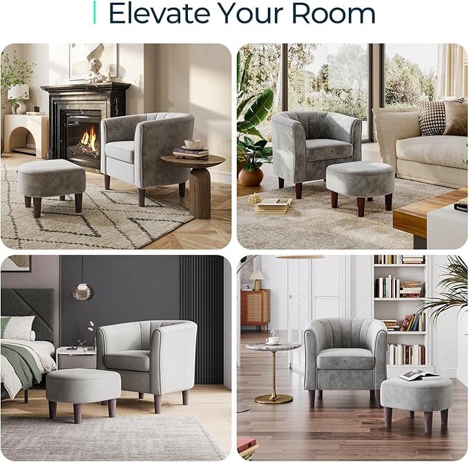 LINSY Accent Chair with Ottoman, Modern Barrel Chair Small Armchair Reading Chair with Footrest, Comfy Round Arms Chair for Living Room Bedroom Reading Room, Velvet, Grey