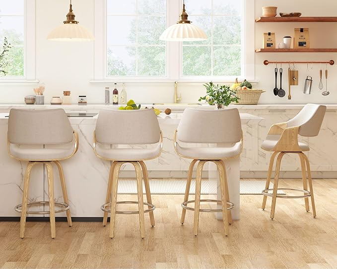 26’’ Modern Barrel Swivel Counter Stools Counter Height Swivel Bar Stools with Backs Set of 4, Beige Chenille Upholstered Bar Height Island Chairs, Farmhouse Solid Wood Barstools for Kitchen Island