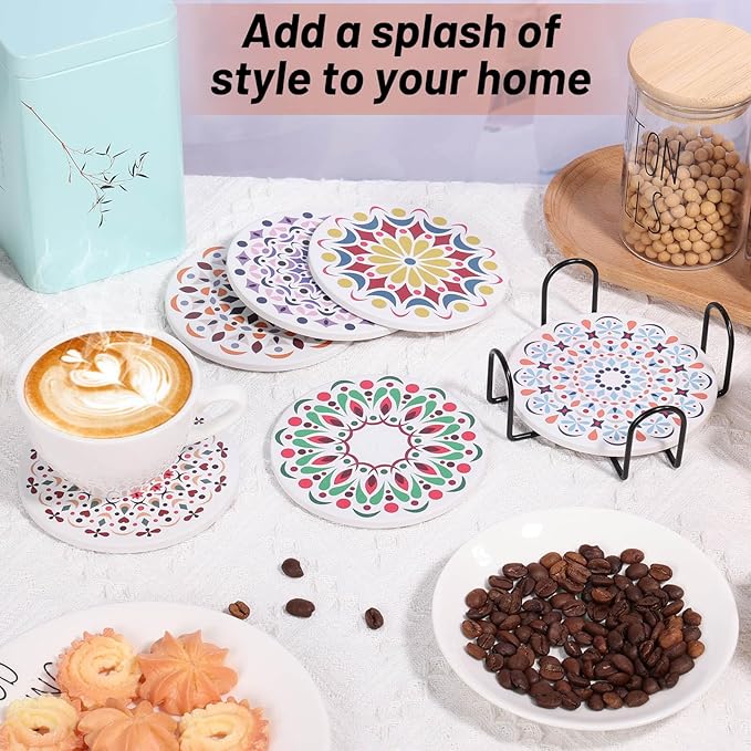 Acejoz Drink Coasters Set of 6, Mandala Design, Ceramic, Round, 4 Inches, Multicolor