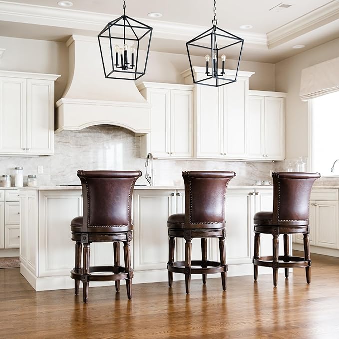 Maven Lane Pullman Counter Stool 26 Inches – Set of 2 – Swivel Stools with Footrest – Brown Solid Wood Frame & Brown Faux Leather Upholstery – Perfect for Kitchen Islands & Counters