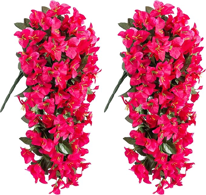 Bougainvillea Artificial Hanging Flowers Plants for Outdoors Decoration, 2pcs Fake Flowers Silk Bougainvillea Vines Realistic UV Resistant Faux Flowers for Planters Porch Patio Urn, Hot Pink